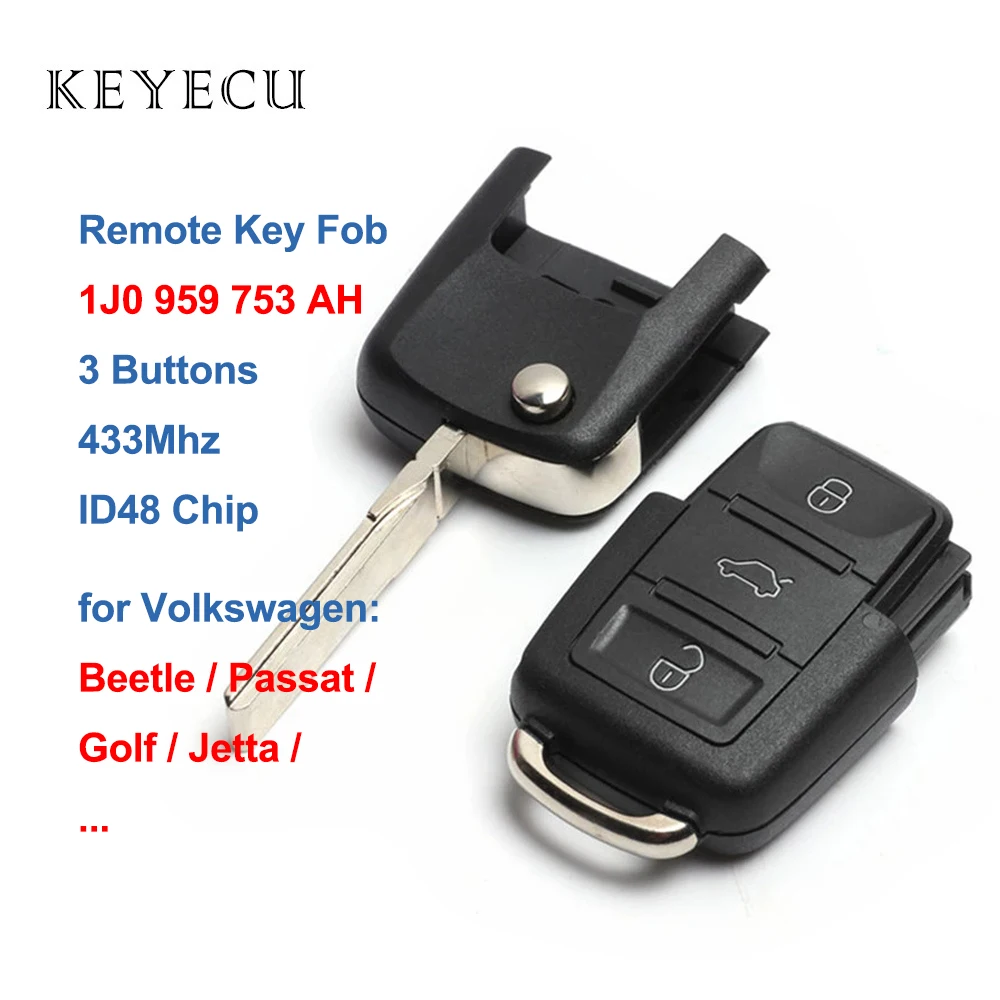 Keyecu 1J0 959 753 AH Flip Remote Car Key 433MHz ID48 for Volkswagen VW Beetle Golf Passat Bora 2002 2003 2004 2005 1J0959753AH