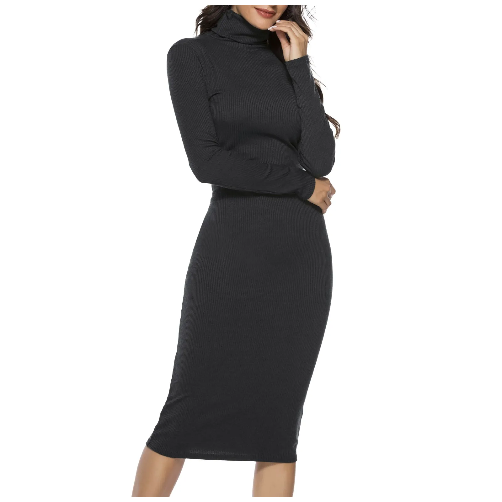 2024 New Fashion Women Sexy Party Dress Knit Style Long Sleeve Turtleneck Winter Maxi Dress Slim Work Wear Office Dress Vestidos