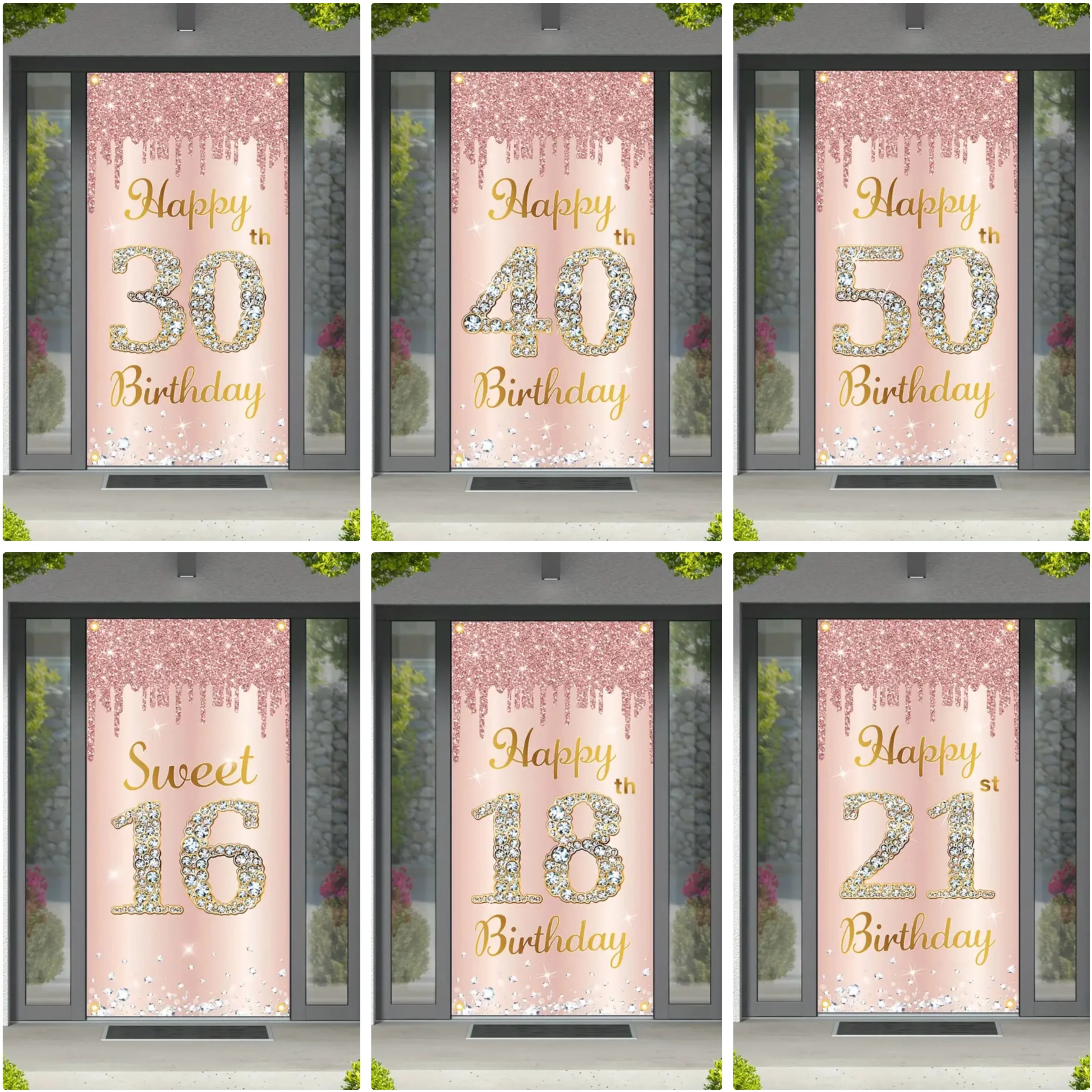 

Happy Birthday Theme Party Decor Door Cover 18th 21th 30th 40th 50th 60th 80th Pink Rose Sweet 16th Party Decorative Backdrops