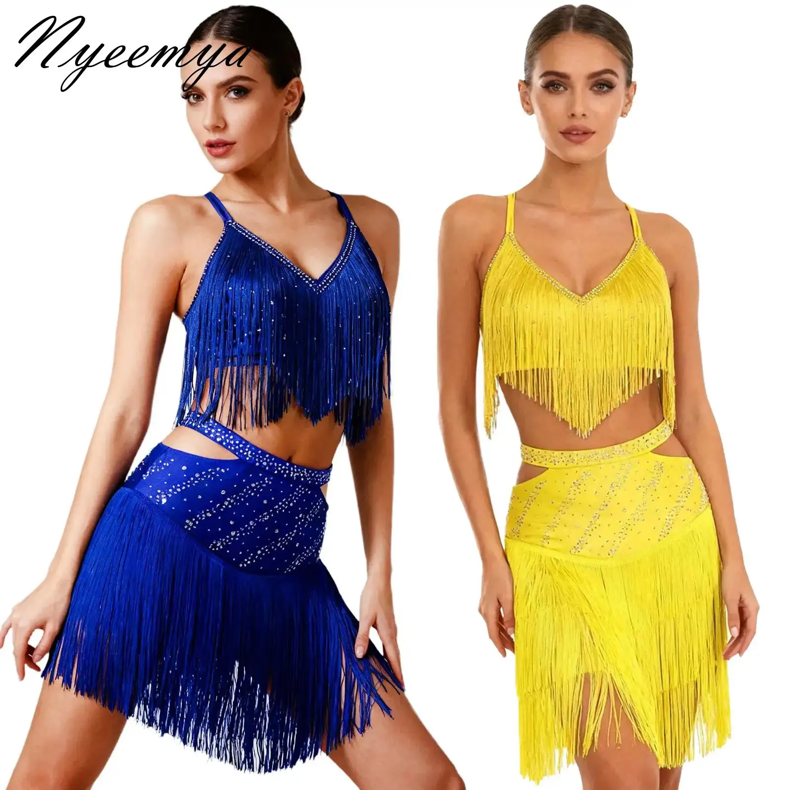 

Sexy Latin Dance Dress Womens Rhinestones Tassel Crop Top and Fringed Skirt SambaTango Salsa Cha-Cha Competition Costumes Outfit