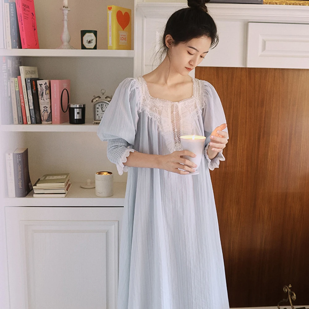 New 2024 100% Pure cotton French retro lace sweet court style fairy nightdress Princess nightgown women long loose vintage gown