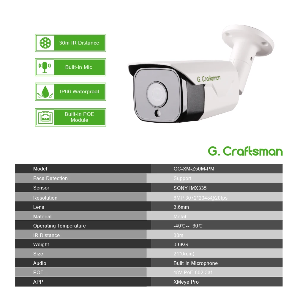 G.Craftsman-Videovigilancia de seguridad con visión nocturna IR, 6MP, POE, 20FPS, 3,6mm, XMEYE