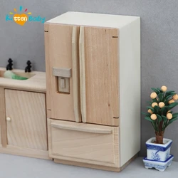 Dollhouse Miniature Items Wooden Doubledoor Refrigerator Mini Double-door Fridge Model Freezer 1:12 Doll House Kitchen Decor Toy
