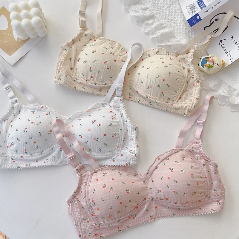 Underwear Cup Floral Print Cute Sweet Bra Aesthetic Panties Women Lingerie