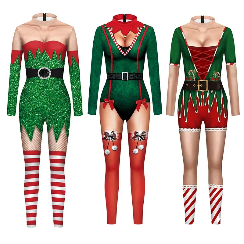 Xmas Elf Jumpsuit Christmas Cosplay Costume 3D Printing Bodysuit Party Circus Troupe Women Zentai Festival Skinny Jumpsuit