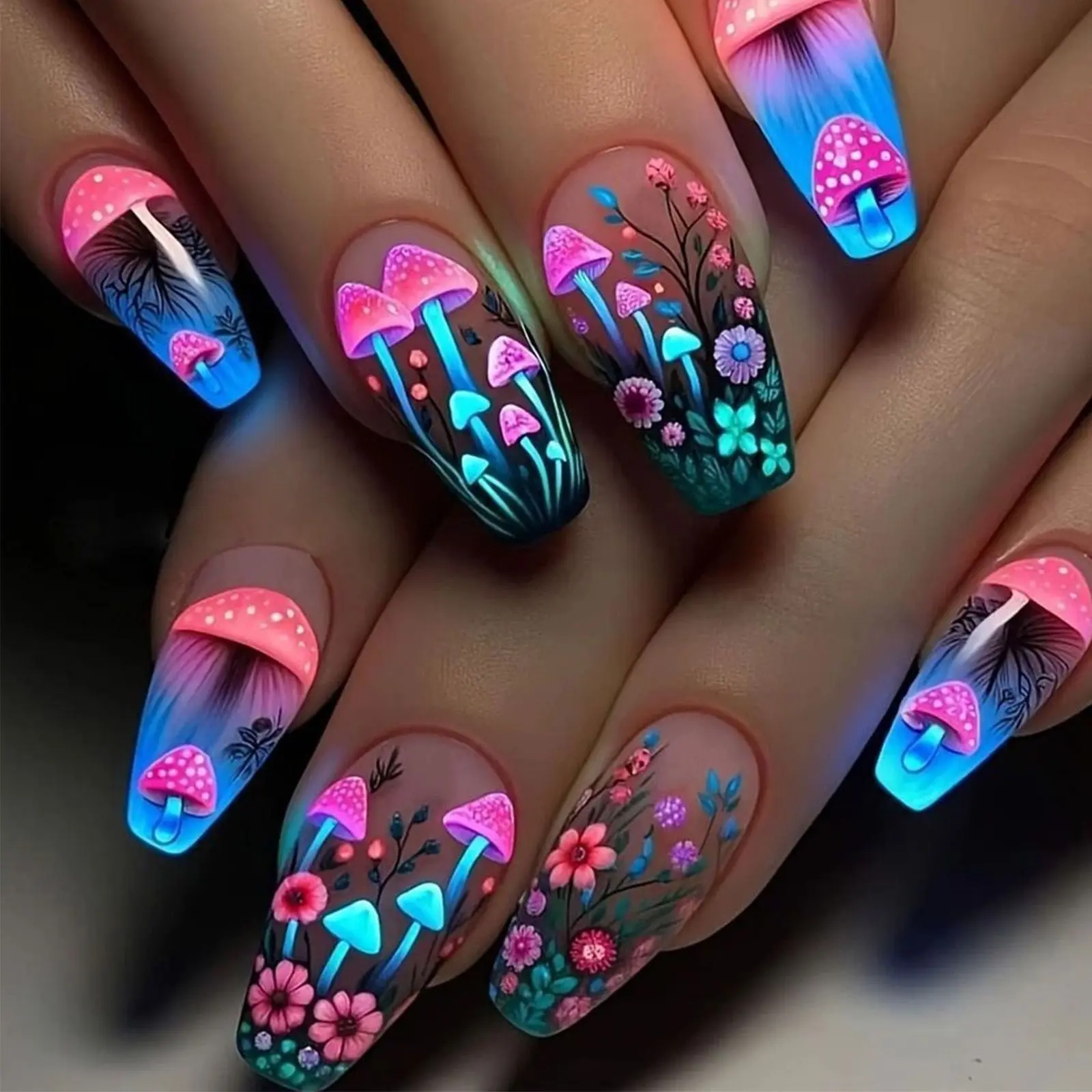 Medium fake naisl for women girls Y2K gradient blue pink butterfly mushroom flora for spring summer press on acrylic false nail image 4