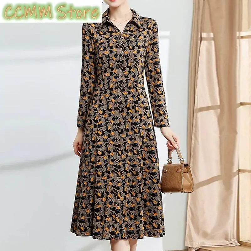

Vintage Broken Flowers Printed Midi Dress Female Clothing Turn-down Collar Button Spring Autumn A-Line Waist Long Sleeve Dresses