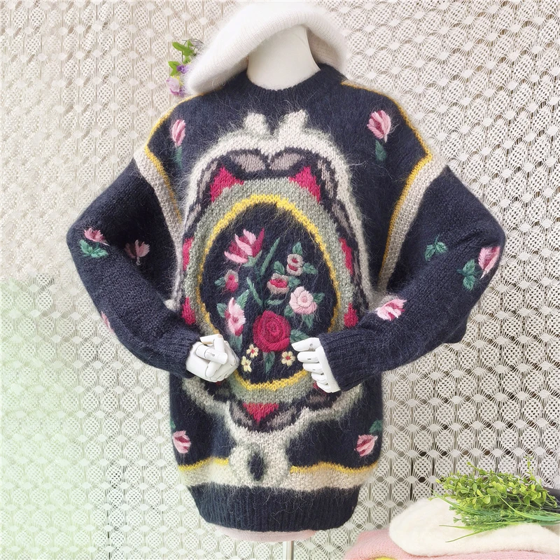 Ladies Women Autumn Winter Vintage Black Hairy Mohair Wool Blended Flower Crochet Loose Pullover Sweater Jumper Pull Tops