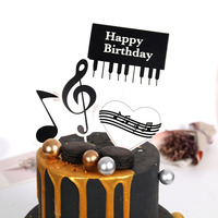 Happy Birthday Cake Topper Piano Musical Note Heart Decor Flag Kids Party DIY Baking Supplies Cupcake Toppers Baby Shower Black