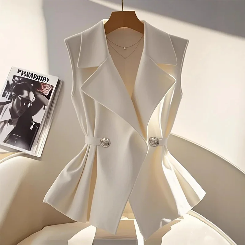 

Women's Double Breasted Waistcoat Vest Sleeveless Blazer Slim Fit Waist Tie Peplum Hem Elegant Office Party Casual Outerwear