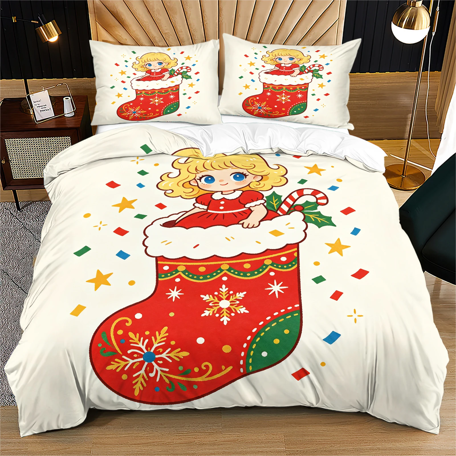Cute Christmas Stocking Girl Duvet Cover Set Cartoon Little Girl In Xmas Stocking Snowflake Confetti Bedding Set Vintage Gifts