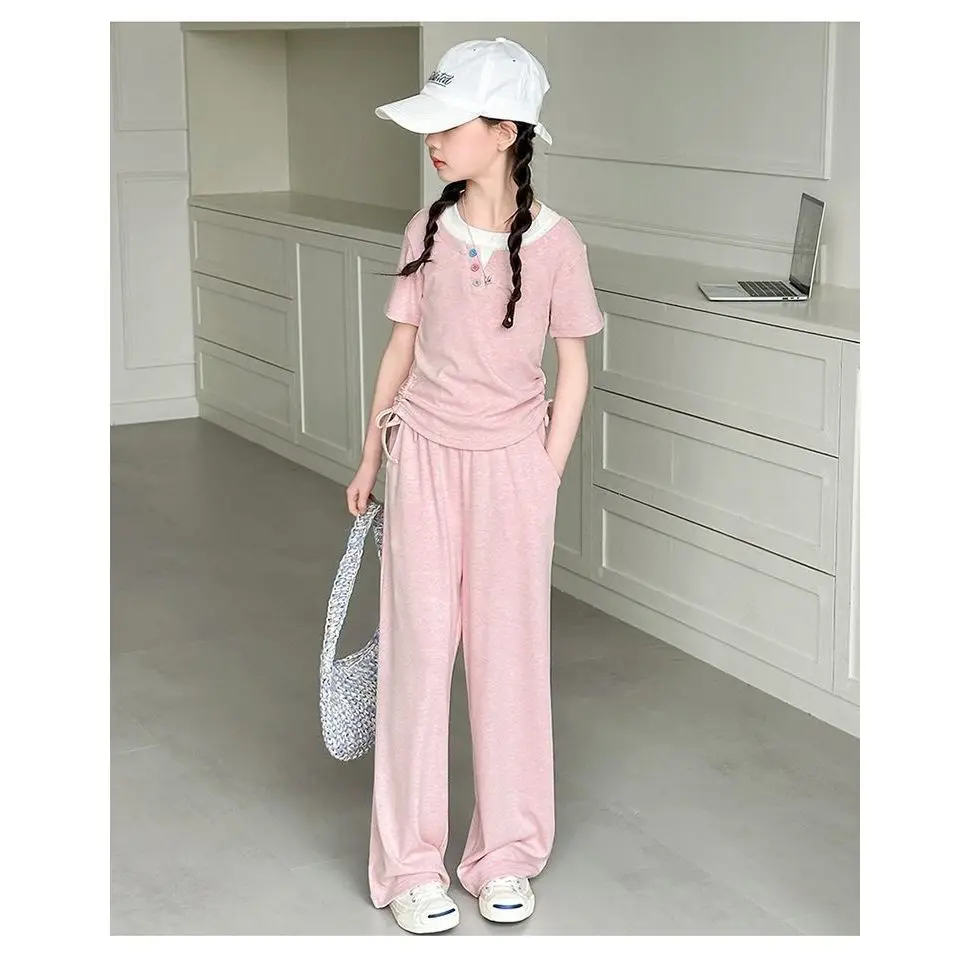 6571 Girls Summer New Trendy Casual Short Sleeve T-shirts+Pants Sport Suits 5-14 Years Big Kids Daily Outfits Clothes Sets
