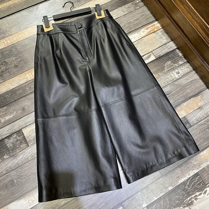 Leder Cropped Hosen Für Frauen 2023 Frühling Mode Koreanische Kleidung Dünne Breite Bein Kalb Lange Schaffell Schwarze Hose Streetwear