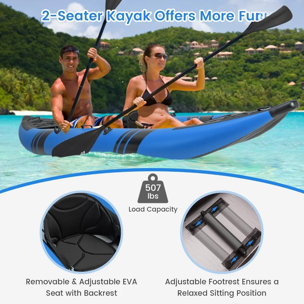 Inflatable Kayak with 507 LBS Weight Capacity, 2 Aluminium Oars, EVA Padded Seat, 2 Fins, Hand Pump, Portable Touring Kayaks