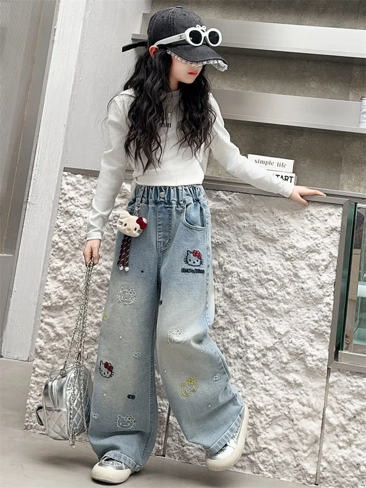 

Spring Faion Embroidered Wide Leg Jeans Girls' Denim Pants KT Design Middle School Girls' Clothing Long Trousers