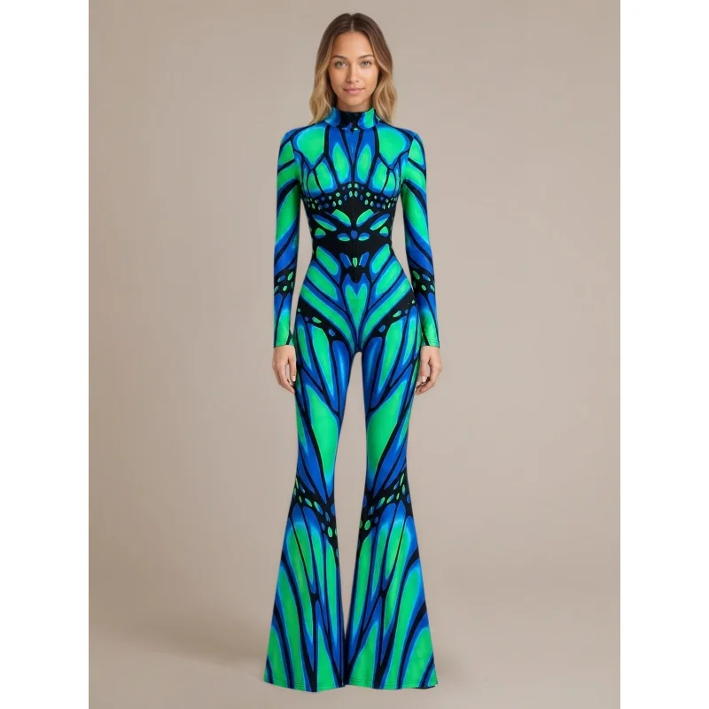 Mehrfarbiger Schlaghosen-Body mit Regenbogen-Effekt, ausgestellter Catsuit für Rave-Partys, Halloween, Schmetterlings-Skelett-Jumpsuit-Outfit 2026 – Detail 15