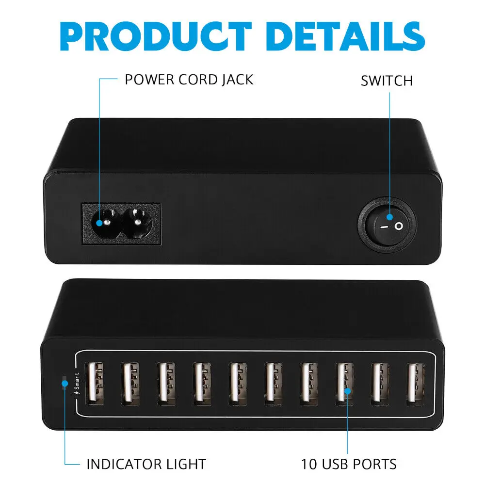 60W 10 USB ports Quick charge Charger Station Dock with cable for iphone ipad iPod Samsung PC Kindle Multi USB Charger