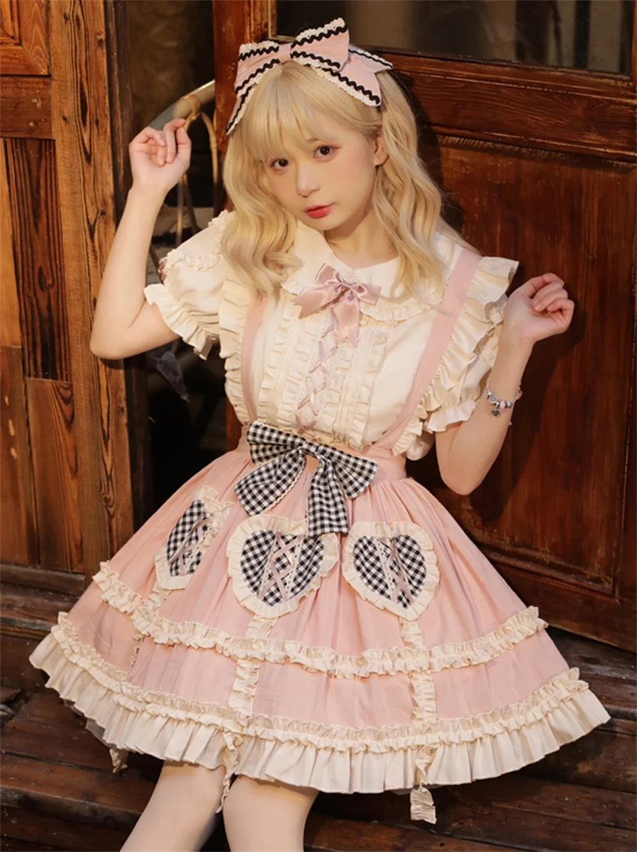 French Sweet Gentle Style Sk Lolita Girls Cosplay Cute Grid Love Bowknot Lace Mesh Ruffle Fashion Kawaii Romantic Cake Skirt