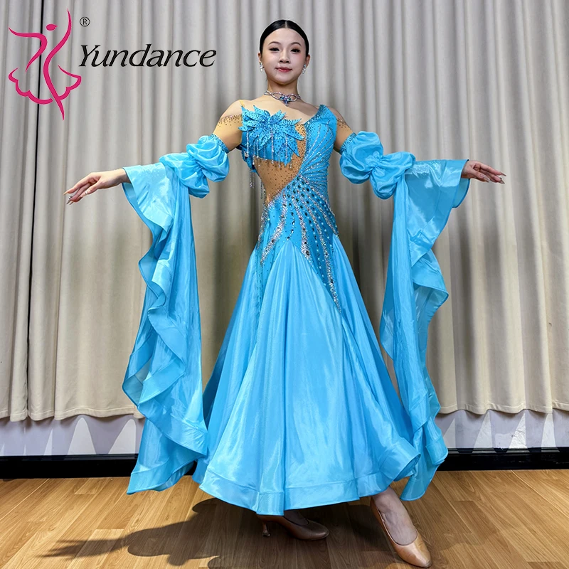 B-25159 vestido de baile de salón para mujer, traje moderno lírico de vals de competición para adultos, gasa satinada con diamantes de imitación azules, LICRA a la venta