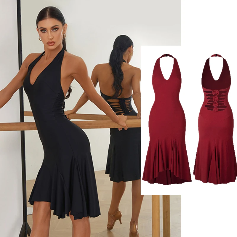 

ZYM Latin Dance Dress Halter Backless Burgundy Black Dress Women Sexy Practice Clothing Rumba Tango Dance Clothes Adult DNV20762