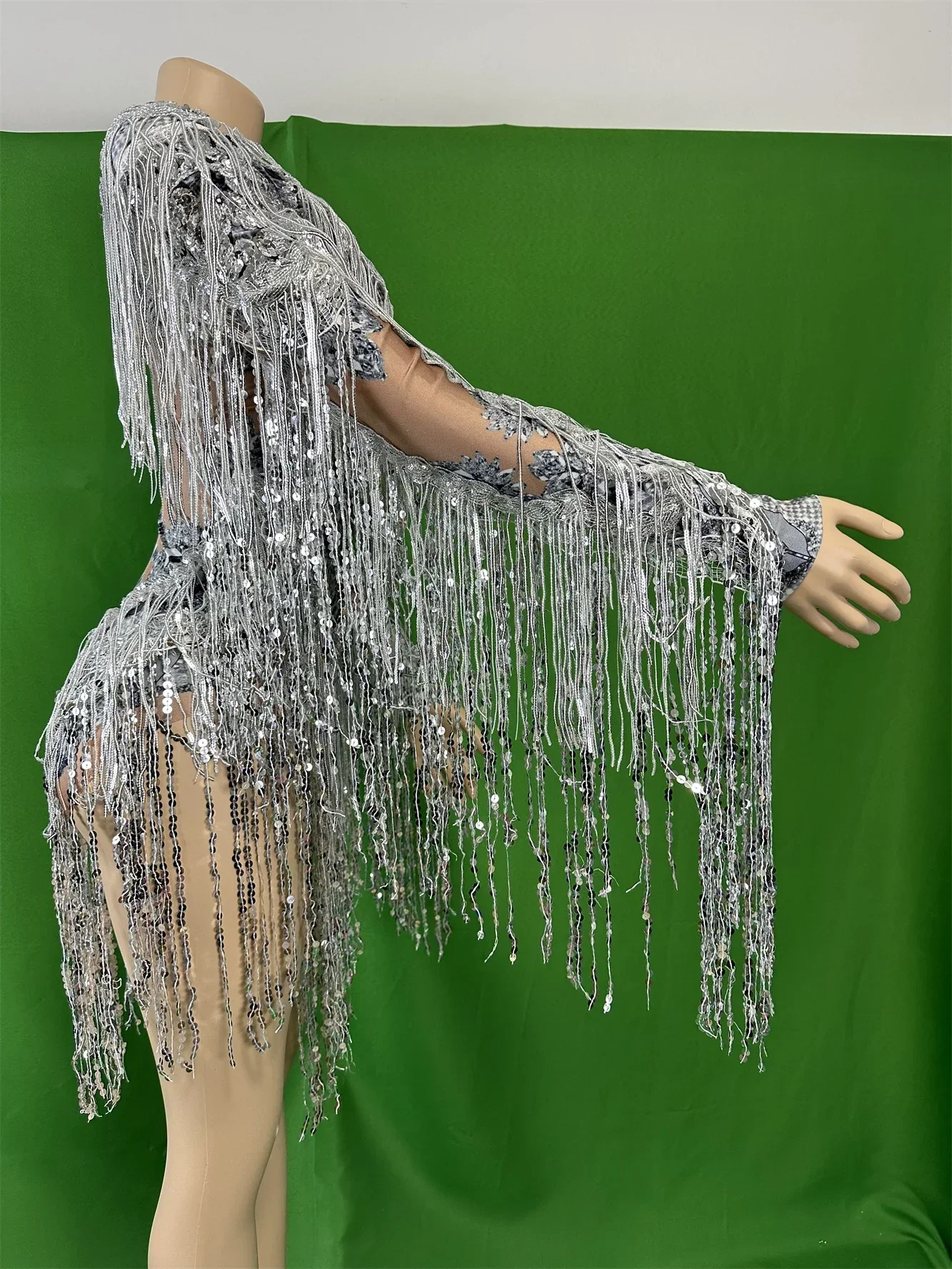 Women Tassel Silver Sparkly Sheer Sequins Bodysuits Singer Dancer Stage Wear Drag Queen Rhinestone Sexy Leotard