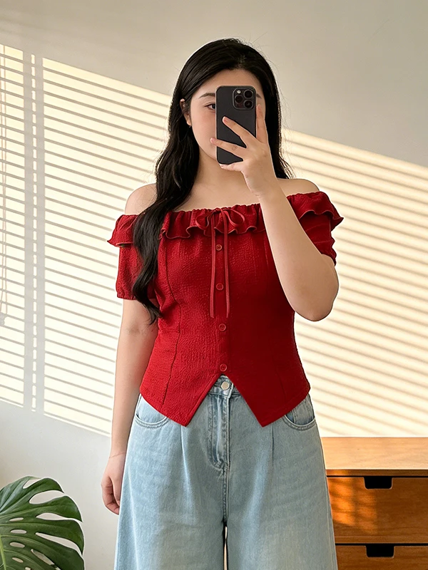 

plus Size One Shoulder Short Sleeve Shirt Women's Summer New Style Waist Cinching Belly Covering Versatile Top Korean Style C...