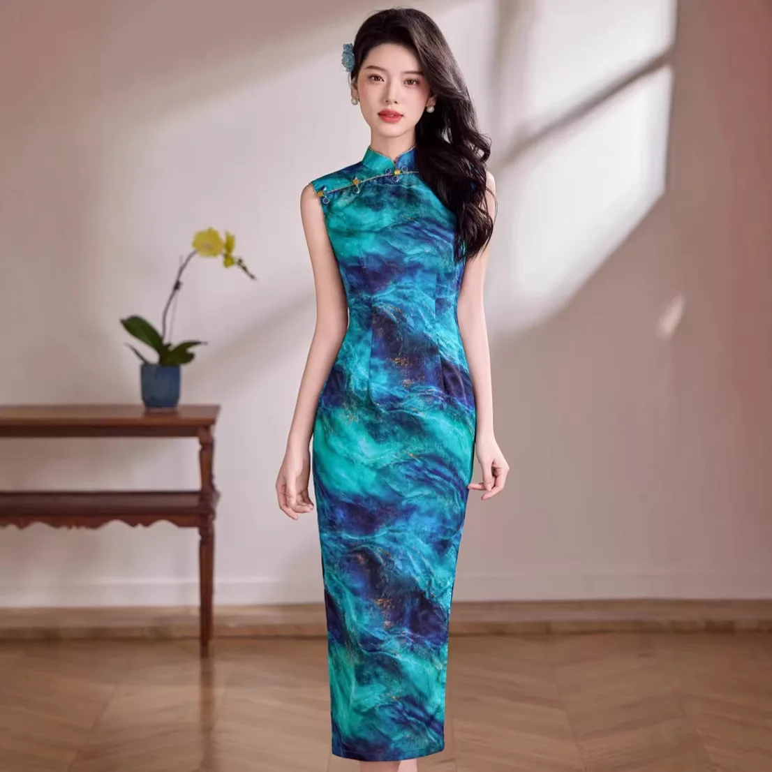 yourqipao-summer-literary-retro-double-layer-sleeveless-long-qipao-ink-painting-smudged-low-slit-slim-fit-cheongsam-for-women