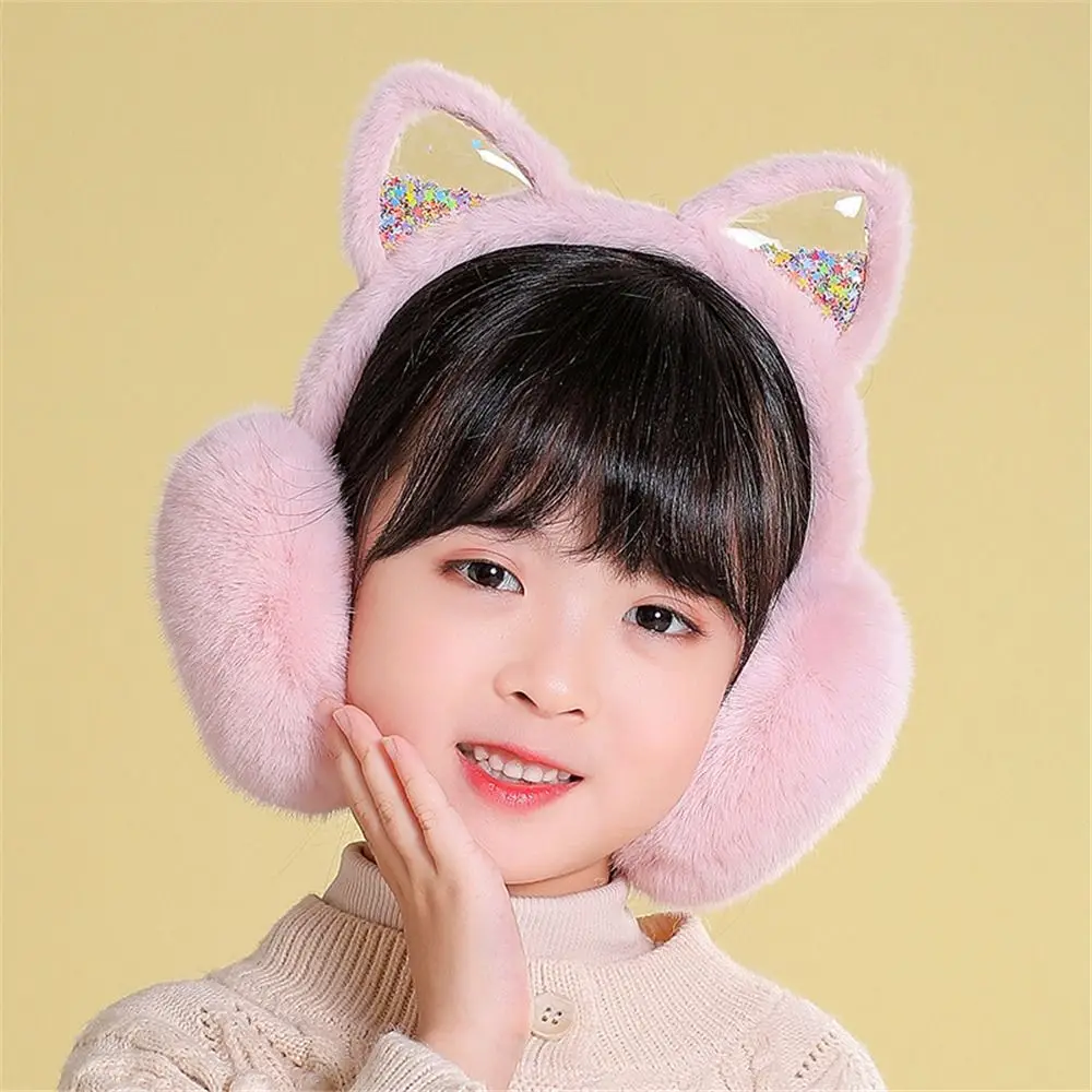 Winter Soft & Warm Animal Earmuffs Cat Ears Foldable Ear Warmers Furry Fleece Ear Covers for Kids Girls