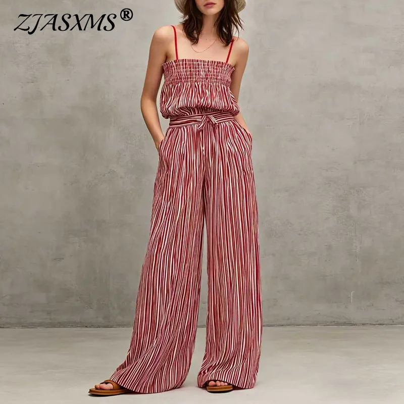 Spring Striped Print 2 Piece Outfits Women Spaghetti Strap Smocked Crop Top+High Waist Wide Leg Pants Casual Summer Matching Set