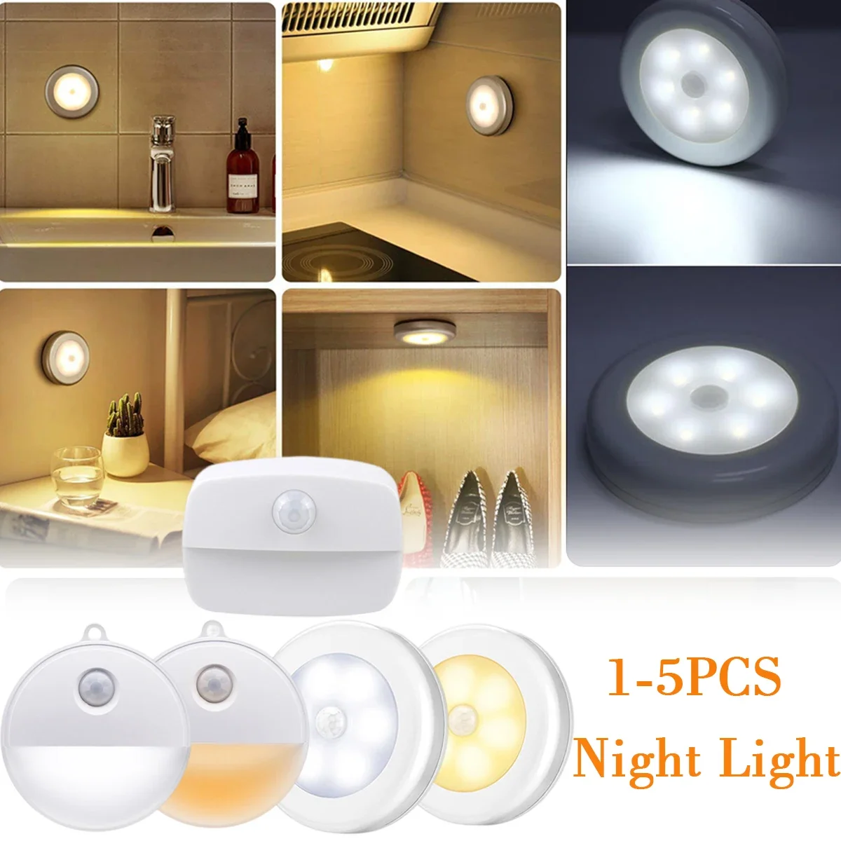 

Motion Sensor LED Night Light Wireless Round Battery Powered Cabinet Night Lamp Bedside Lights For Bedroom Home Closet Lighting