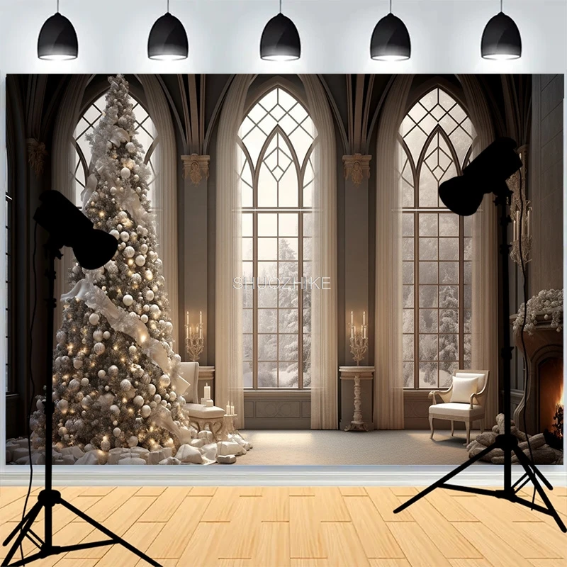 

Christmas Day Fireplace Photography Backdrops Large Window Living Room Wreach Xmas Tree Fireplace New Year Background XH-35