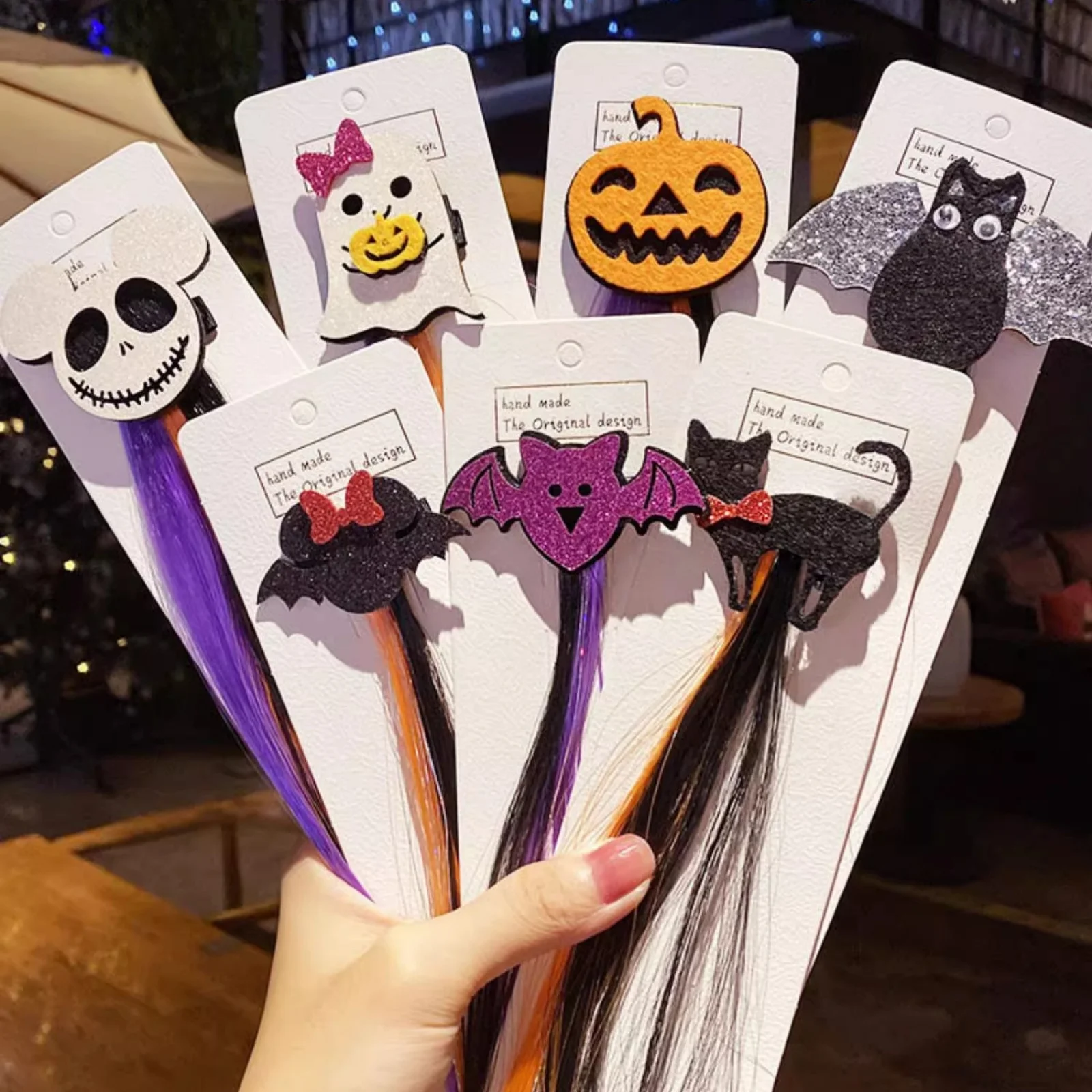 Halloween-Haarspangen, bunte Haarverlängerungen mit Cartoon-Kürbis-Geist-Fledermaus-Katzen-Charms, Halloween-Partygeschenke Cosplay – Detail 5