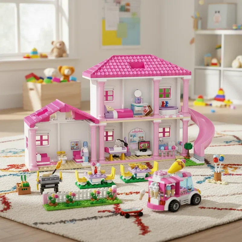 

2025 Creative Friends City Street View House Summer Holiday Villa Castle 3 in 1 Building Blocks Model birthday Christmas gifts