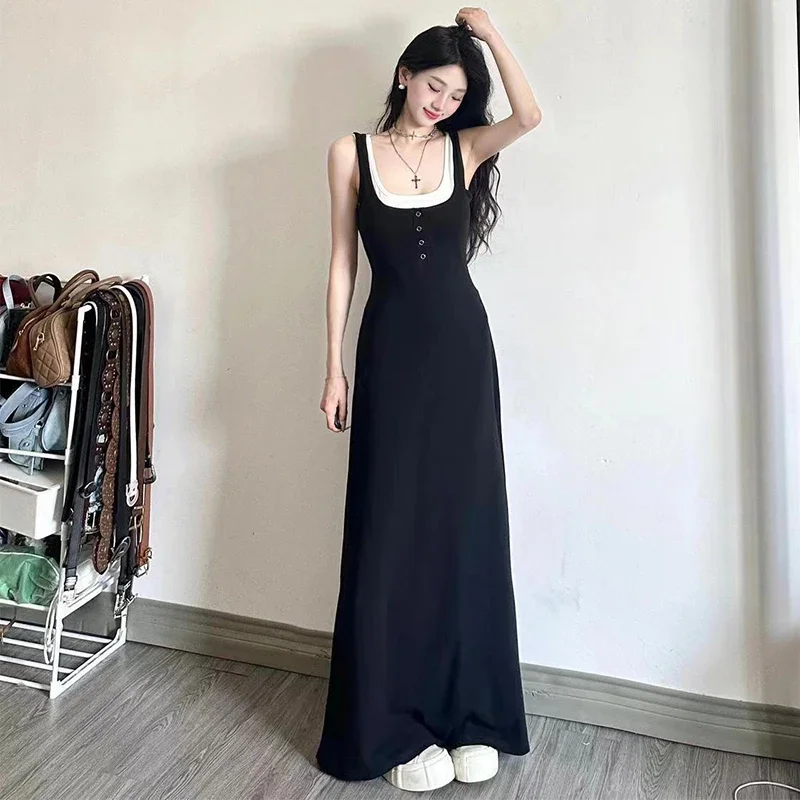 

Summer Dresses Women Square Collar Button Contrast Color Fake Two Pieces Fashion Slim A-line Mid-length Slip Dress
