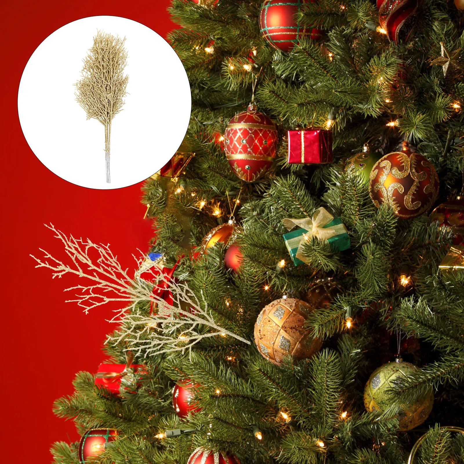 

10pcs Glitter Artificial For Christmas Tree Decorative Festival Supplies Fake Props Xmas Party Glitter Branches Plastic Leaves