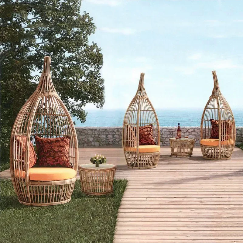 Outdoor Rattan Sofa Bed Birdcage Lounger for Terrace Pool Sea View Room B B Resort Leisure Furniture