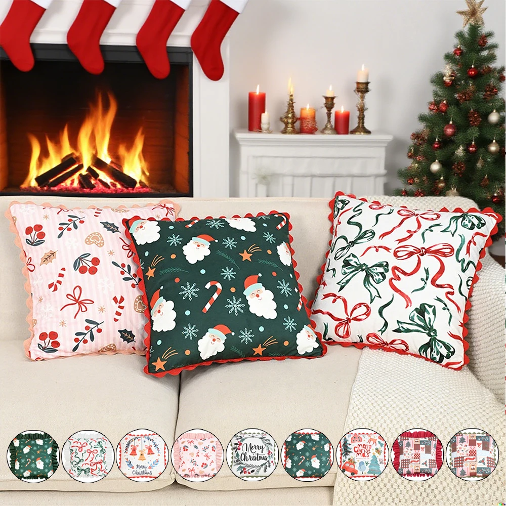 

Christmas Ruffled Printed Cushion Covers 45x45 Sofa Bed Decoration Pillow Cases Home Supply Santa Claus Bow Style 쿠션 커버 Natale