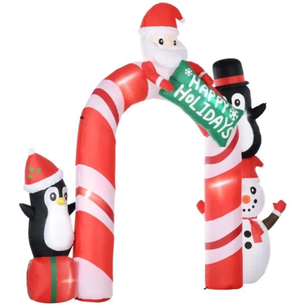 

Christmas inflatable arches with Santa Claus, two penguins, and snowman inflatable toys bind the Christmas display together