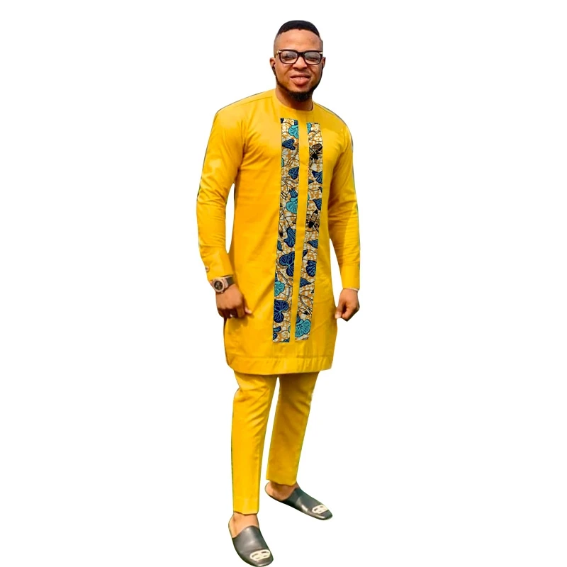 Wax Print/Cotton Patchwork Tops With Pants Yellow Men's Groom Suit Male Party Outfits Custom Made African Wedding Garments