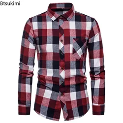 Neue 2024 männer Harajuku Plaid Shirts 100% Baumwolle Tasche Langarm Männlichen Slim Fit Blusen Hohe Qualität Casual Kariertes Hemd männer