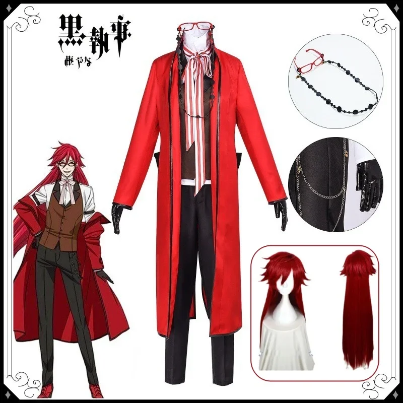 

Anime Black Butler Cosplay Costumes Death Shinigami Grell Sutcliff Red Uniform Outfit Glasses Carnaval Halloween Women Men Suit