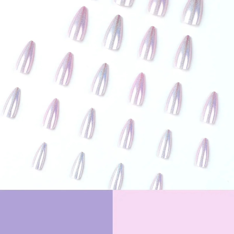 Unhas postiças de brilho roxo, amêndoa oval, imprensa curta, média na unha, unhas acrílicas, unhas de desgaste do verão, baratas com cola, 24pcs