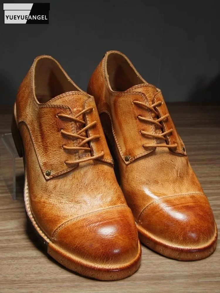 Mens Cowhide Genuine Leather Work Formal Shoes Lace Up Block Heels Business Vintage Oxfords Autumn Handmade Wedding Dress Shoes