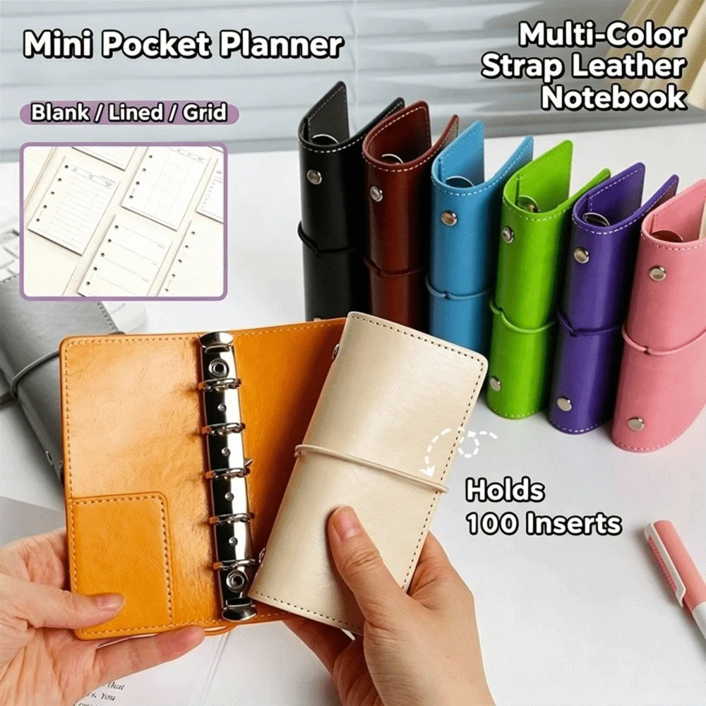 New PU Leather Refillable Pocket Notebook Portable Strap Closure Metal Ring Binder Refillable Ring Binder Notebook Journaling
