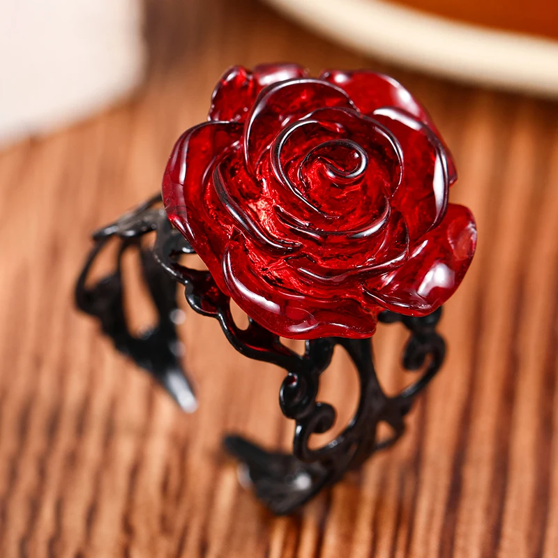 Punk Gothic Red Rose Ring Adjustable Hollow Rings for Women Witch Pagan Vintage Creative Halloween Cool Girl Gift Party Jewelry