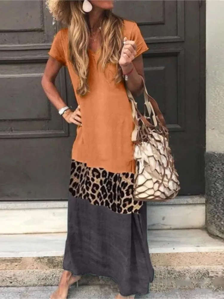 Summer Women Dress Loose Leopard Print Splicing Short-sleeved Printed V-neck Casual Long Dress Female Fashion Short Sleeve Dress