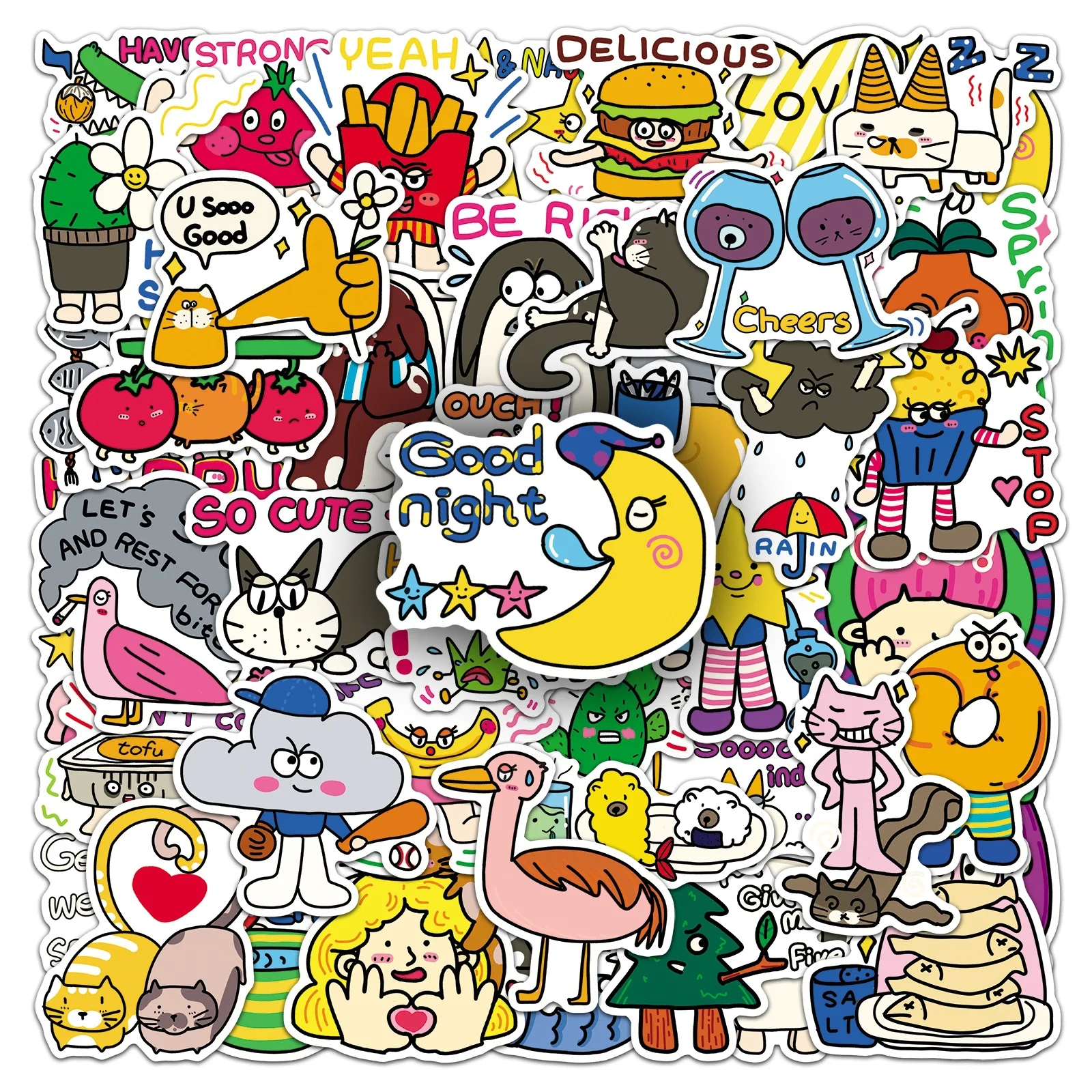 50 PCS Cartoon Healing Positive English Happy Supply Station Hand Drawn Stickers Decorate Helmet Skateboard Scrapbook Decals