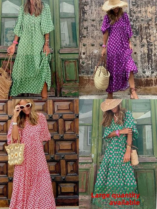 Letnia, luźna spódnica w kwiatowy wzór, idealna na wakacje, długa, z wysokim stanem, okrągły dekolt, krój A, poliester.