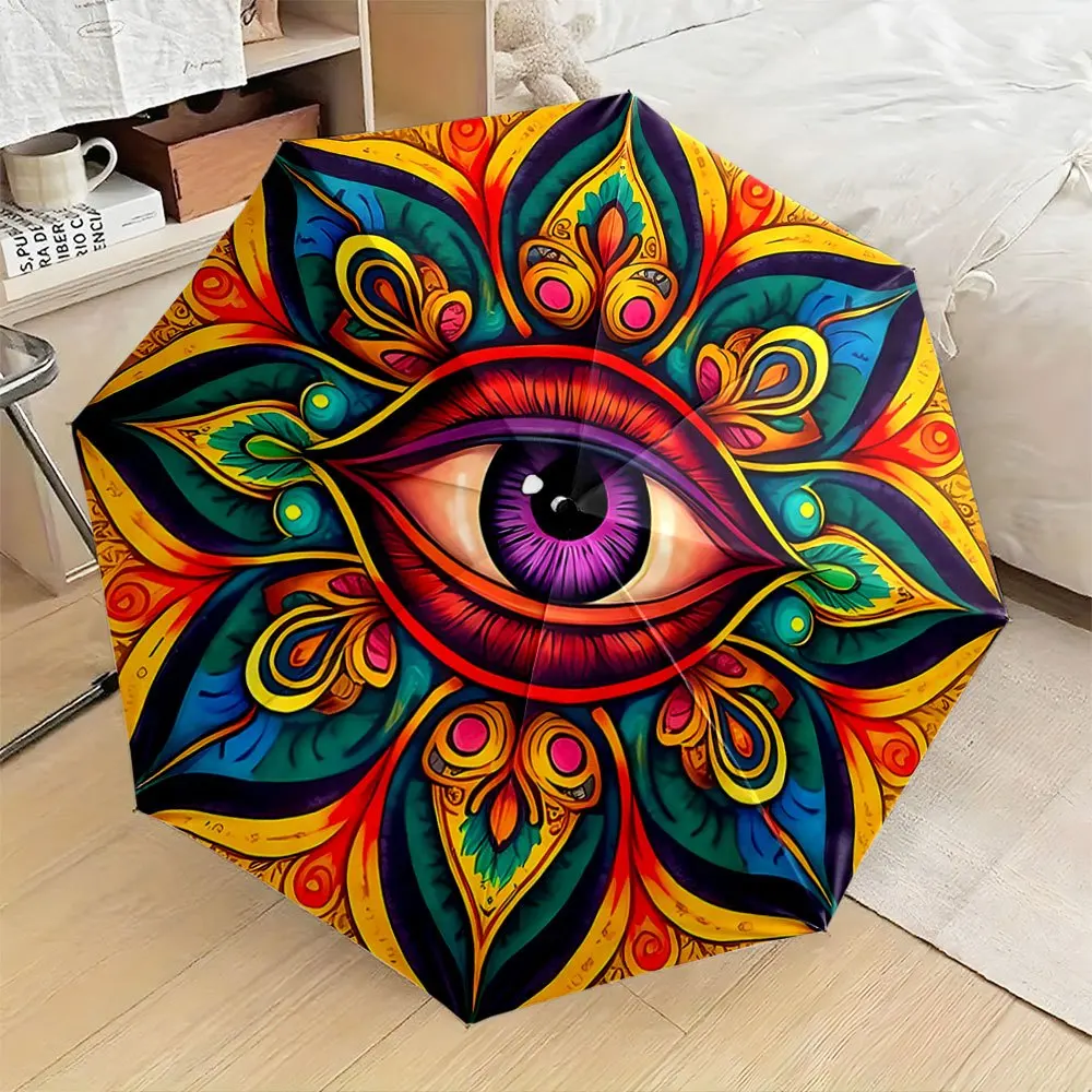

Automatic Folding Umbrella with Mandala Eye & Iris Design - 8-Rib Compact Portable Self-Opening/ Closing, Multicolor (Green/Ye