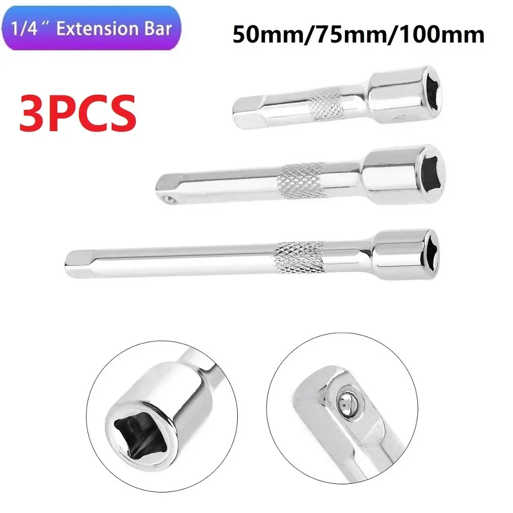 3pcs/set Socket Ratchet Wrench Extension Bar 1/4 Inch 50/75/100MM Chromed Steel Connecting Rod Accessories Hand Tools